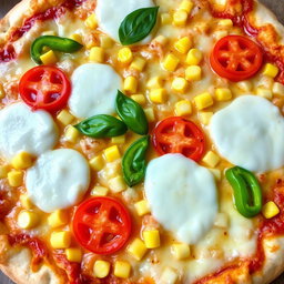 A mouthwatering pizza featuring sweet corn and juicy, ripe tomatoes skillfully paired with fresh green capsicum slices