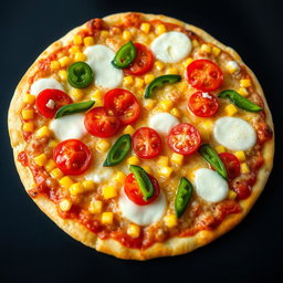 A mouthwatering pizza featuring sweet corn and juicy, ripe tomatoes skillfully paired with fresh green capsicum slices