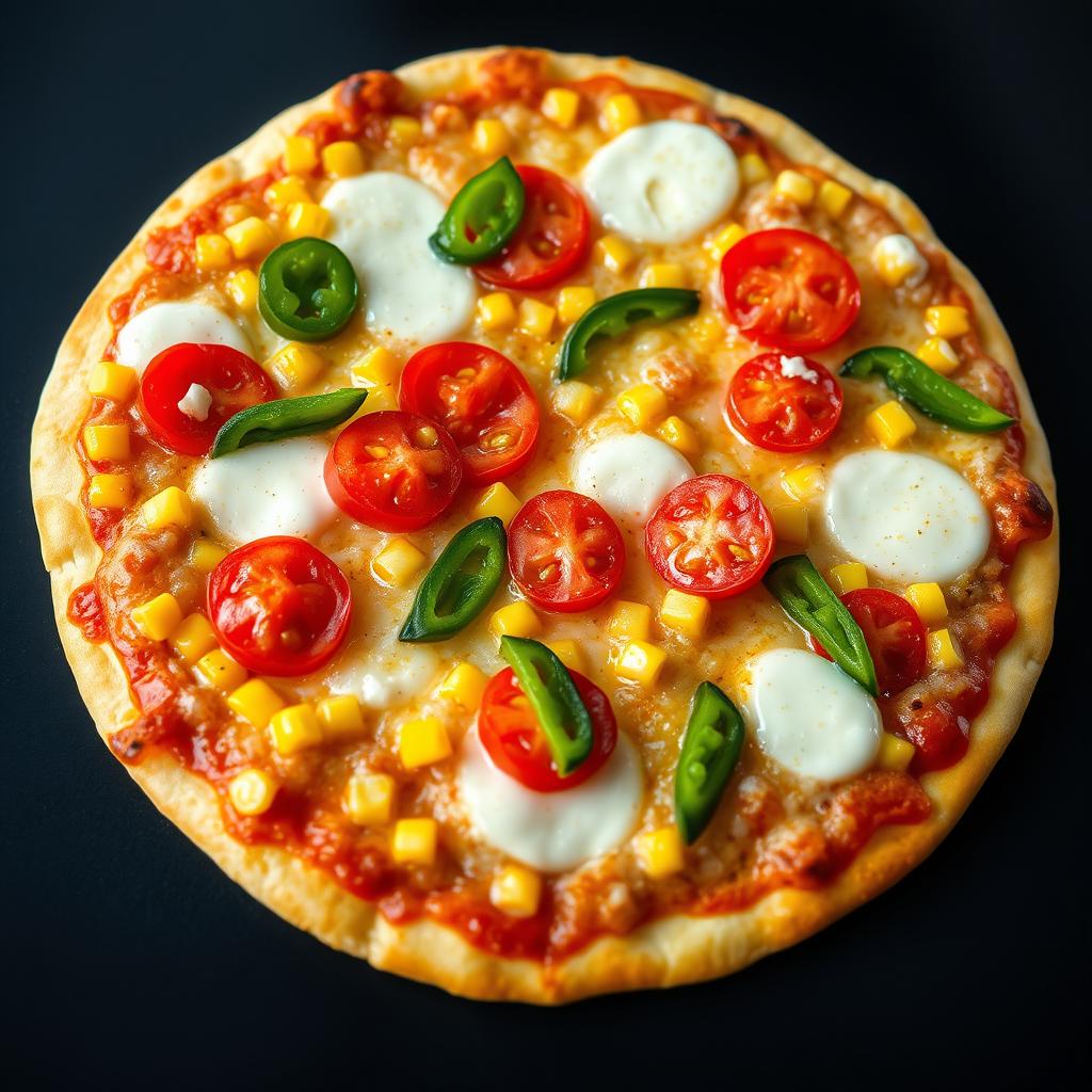 A mouthwatering pizza featuring sweet corn and juicy, ripe tomatoes skillfully paired with fresh green capsicum slices