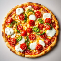 A mouthwatering pizza featuring sweet corn and juicy, ripe tomatoes skillfully paired with fresh green capsicum slices