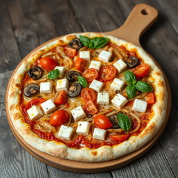 A rich and creamy pizza that features an exquisite combination of sautéed onions, succulent tomatoes, tender mushrooms, and soft paneer cubes