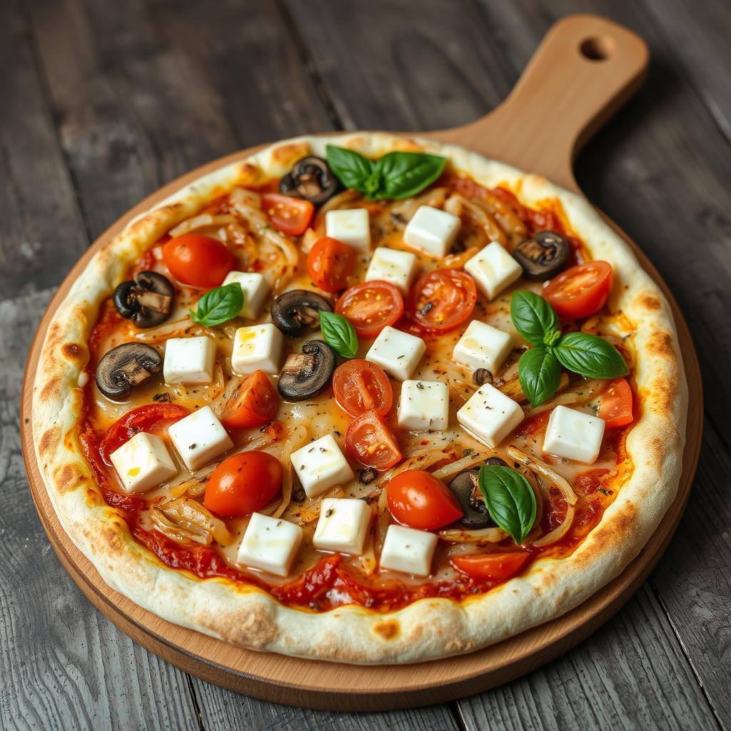 A rich and creamy pizza that features an exquisite combination of sautéed onions, succulent tomatoes, tender mushrooms, and soft paneer cubes