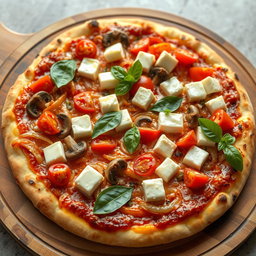 A rich and creamy pizza that features an exquisite combination of sautéed onions, succulent tomatoes, tender mushrooms, and soft paneer cubes