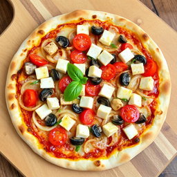 A rich and creamy pizza that features an exquisite combination of sautéed onions, succulent tomatoes, tender mushrooms, and soft paneer cubes