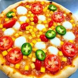 An appetizing pizza featuring a delightful combination of sweet corn and succulent, juicy tomatoes, perfectly paired with fresh green capsicum slices