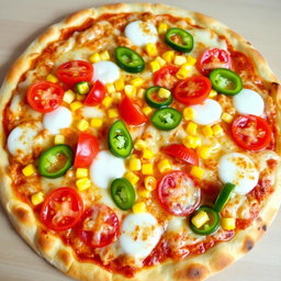 An appetizing pizza featuring a delightful combination of sweet corn and succulent, juicy tomatoes, perfectly paired with fresh green capsicum slices