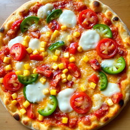 An appetizing pizza featuring a delightful combination of sweet corn and succulent, juicy tomatoes, perfectly paired with fresh green capsicum slices