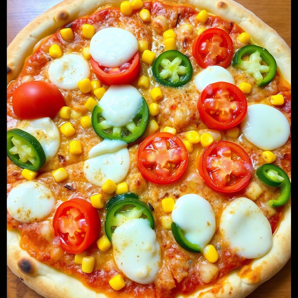 An appetizing pizza featuring a delightful combination of sweet corn and succulent, juicy tomatoes, perfectly paired with fresh green capsicum slices