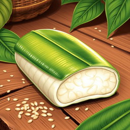 A vibrant and meticulously detailed drawing of a rice cake shaped like long suman, beautifully wrapped in green banana leaves