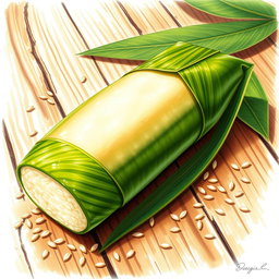 A vibrant and meticulously detailed drawing of a rice cake shaped like long suman, beautifully wrapped in green banana leaves
