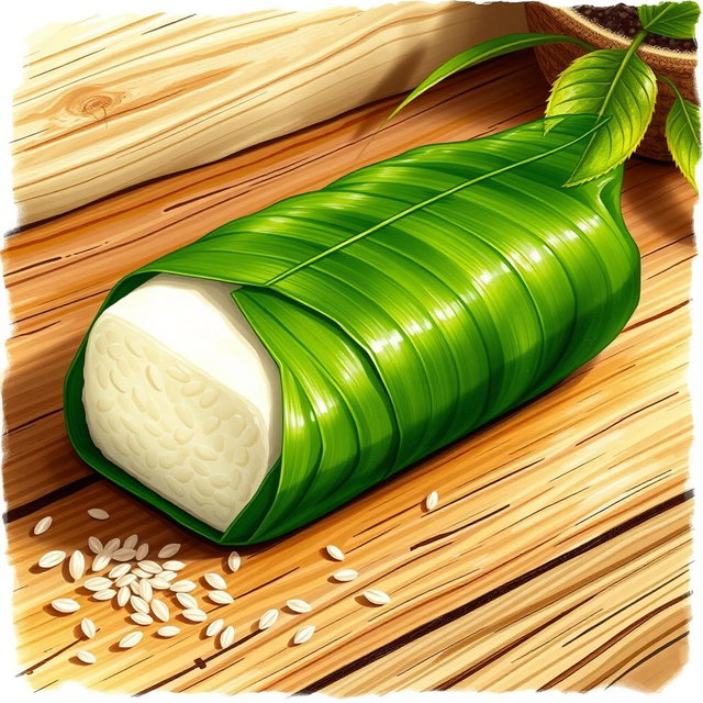 A vibrant and meticulously detailed drawing of a rice cake shaped like long suman, beautifully wrapped in green banana leaves
