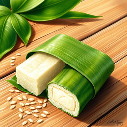 A vibrant and meticulously detailed drawing of a rice cake shaped like long suman, beautifully wrapped in green banana leaves
