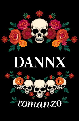 A striking design featuring a black background adorned with colorful flowers surrounding various skulls