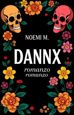 A striking design featuring a black background adorned with colorful flowers surrounding various skulls
