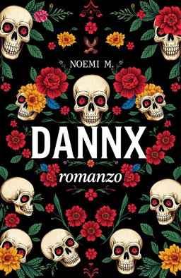 A striking design featuring a black background adorned with colorful flowers surrounding various skulls