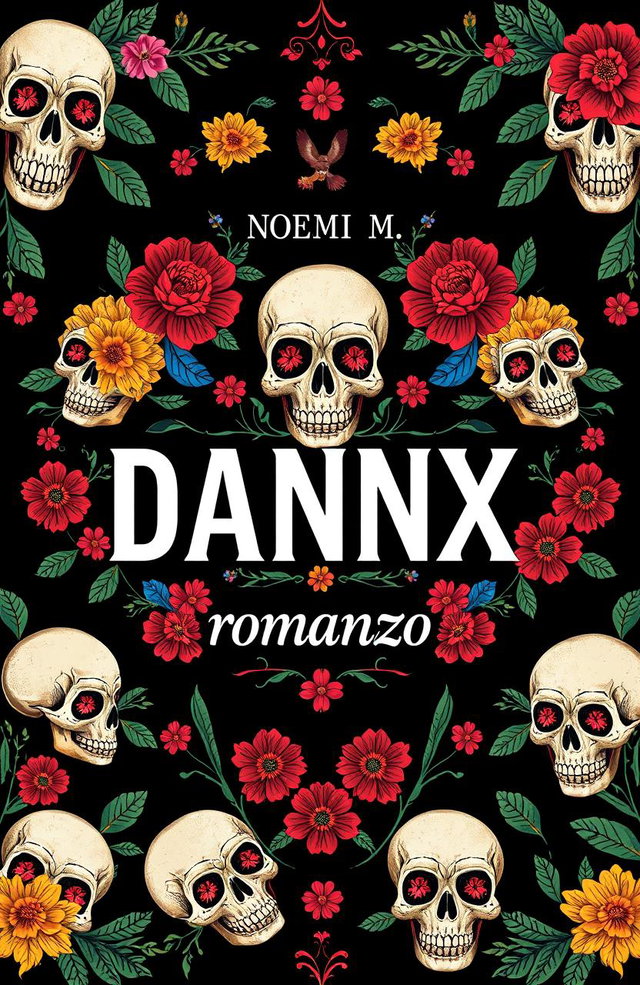 A striking design featuring a black background adorned with colorful flowers surrounding various skulls
