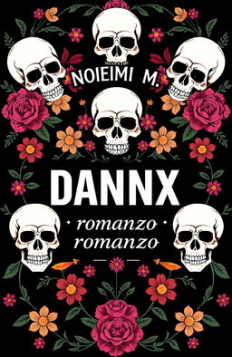 A striking design featuring a black background adorned with colorful flowers surrounding various skulls