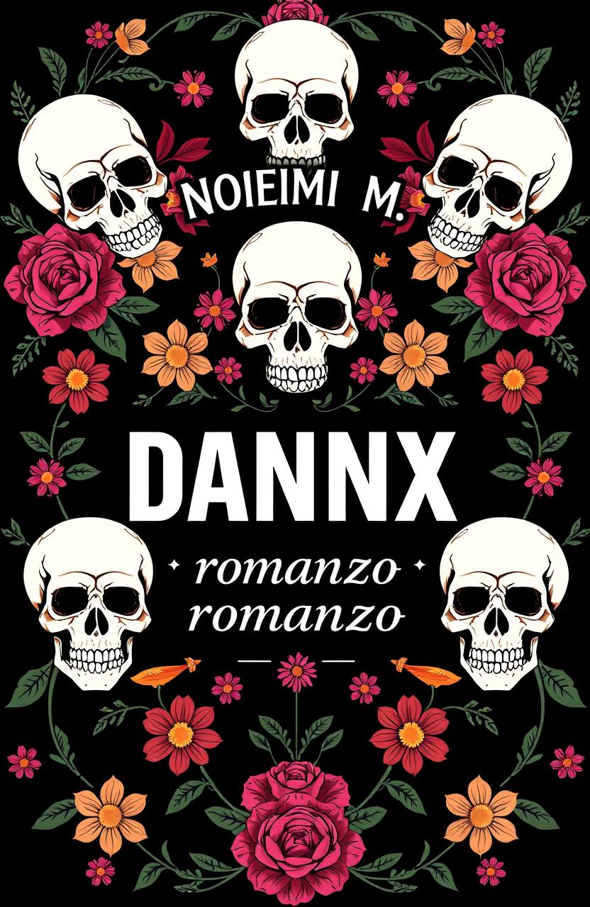 A striking design featuring a black background adorned with colorful flowers surrounding various skulls