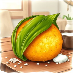 A detailed drawing of a traditional Filipino rice cake called tupig, wrapped in banana leaves