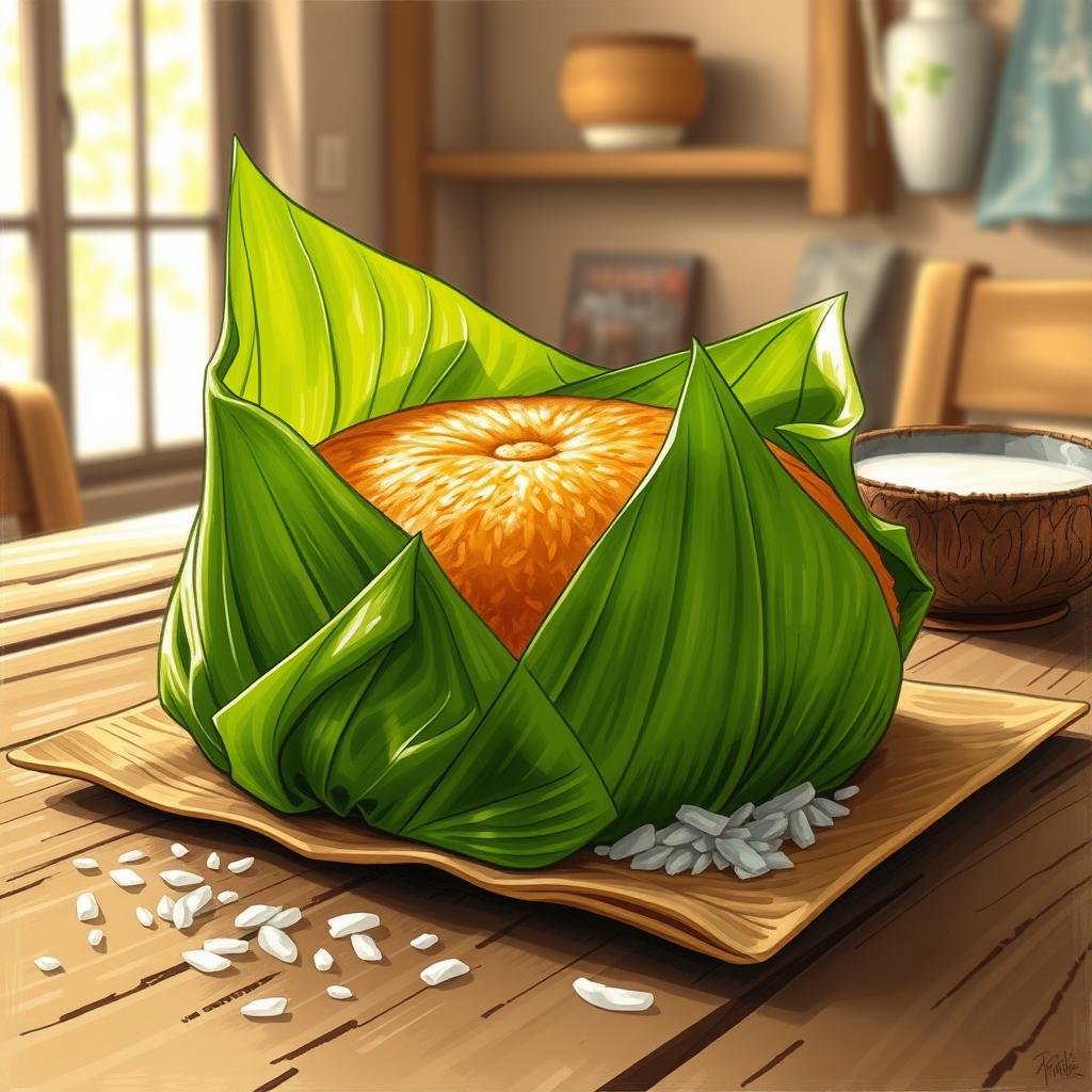 A detailed drawing of a traditional Filipino rice cake called tupig, wrapped in banana leaves