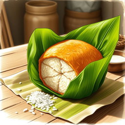 A detailed drawing of a traditional Filipino rice cake called tupig, wrapped in banana leaves