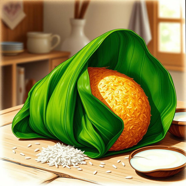 A detailed drawing of a traditional Filipino rice cake called tupig, wrapped in banana leaves