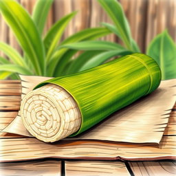 A beautifully detailed drawing of a long cylindrical rice cake called tupig, wrapped in vibrant green banana leaves