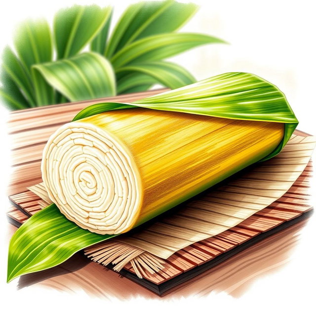A beautifully detailed drawing of a long cylindrical rice cake called tupig, wrapped in vibrant green banana leaves