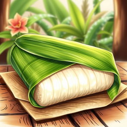 A beautifully detailed drawing of a long cylindrical rice cake called tupig, wrapped in vibrant green banana leaves