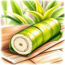 A beautifully detailed drawing of a long cylindrical rice cake called tupig, wrapped in vibrant green banana leaves