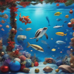 An underwater Christmas scene featuring marine life, with sea creatures participating in the holiday cheer, and decorations lighting up the ocean floor.