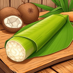 A beautifully illustrated drawing of a long cylindrical rice cake known as tupig, carefully wrapped in vibrant green banana leaves