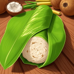 A beautifully illustrated drawing of a long cylindrical rice cake known as tupig, carefully wrapped in vibrant green banana leaves