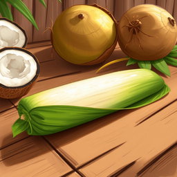 A beautifully illustrated drawing of a long cylindrical rice cake known as tupig, carefully wrapped in vibrant green banana leaves