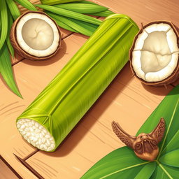 A beautifully illustrated drawing of a long cylindrical rice cake known as tupig, carefully wrapped in vibrant green banana leaves