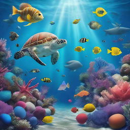 An underwater Christmas scene featuring marine life, with sea creatures participating in the holiday cheer, and decorations lighting up the ocean floor.