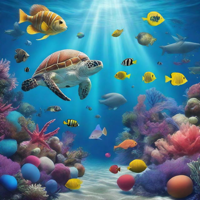 An underwater Christmas scene featuring marine life, with sea creatures participating in the holiday cheer, and decorations lighting up the ocean floor.