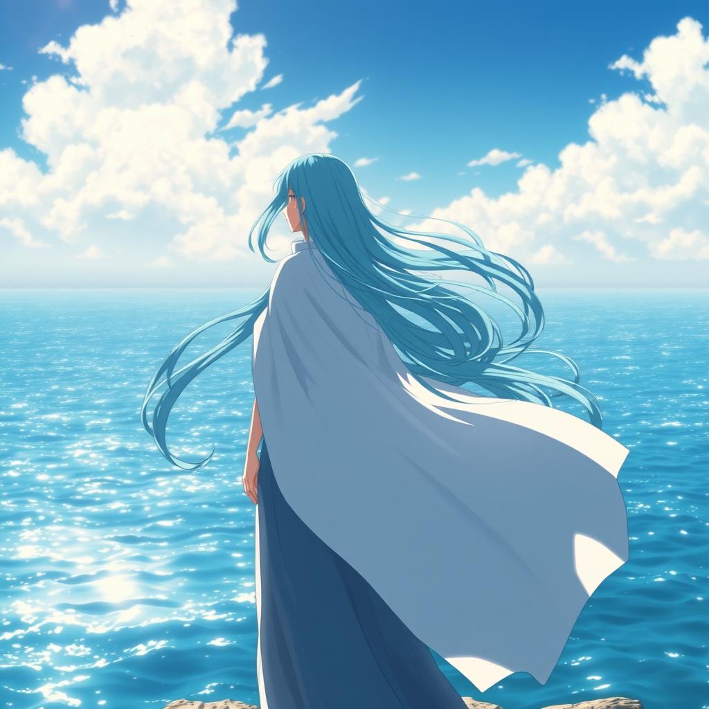 An anime heroine standing gracefully at the edge of a vast, shimmering ocean, gazing thoughtfully into the depths of the blue waters