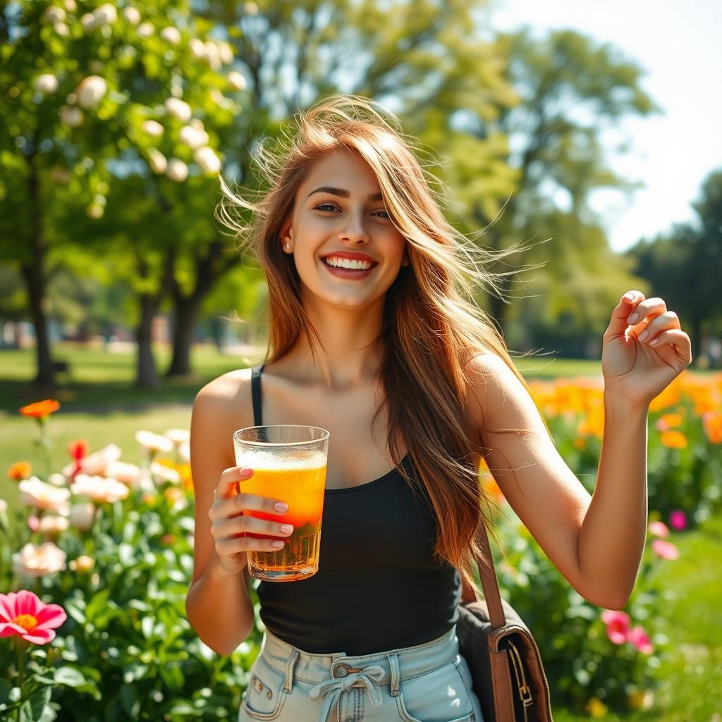 A vibrant scene featuring a 19-year-old person enjoying a sunny day in a park, wearing fashionable summer clothes