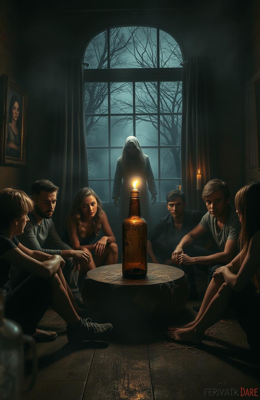 A chilling scene depicting a dark and eerie setting for a game of "Truth or Dare?" The atmosphere is heavy with tension, surrounded by dim lighting and ominous shadows