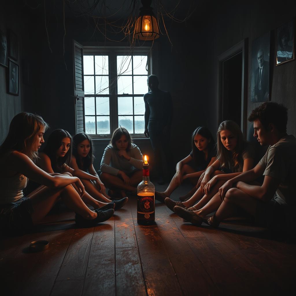 An intense and foreboding scene inspired by the game "Truth or Dare?" set in a dimly lit, abandoned house