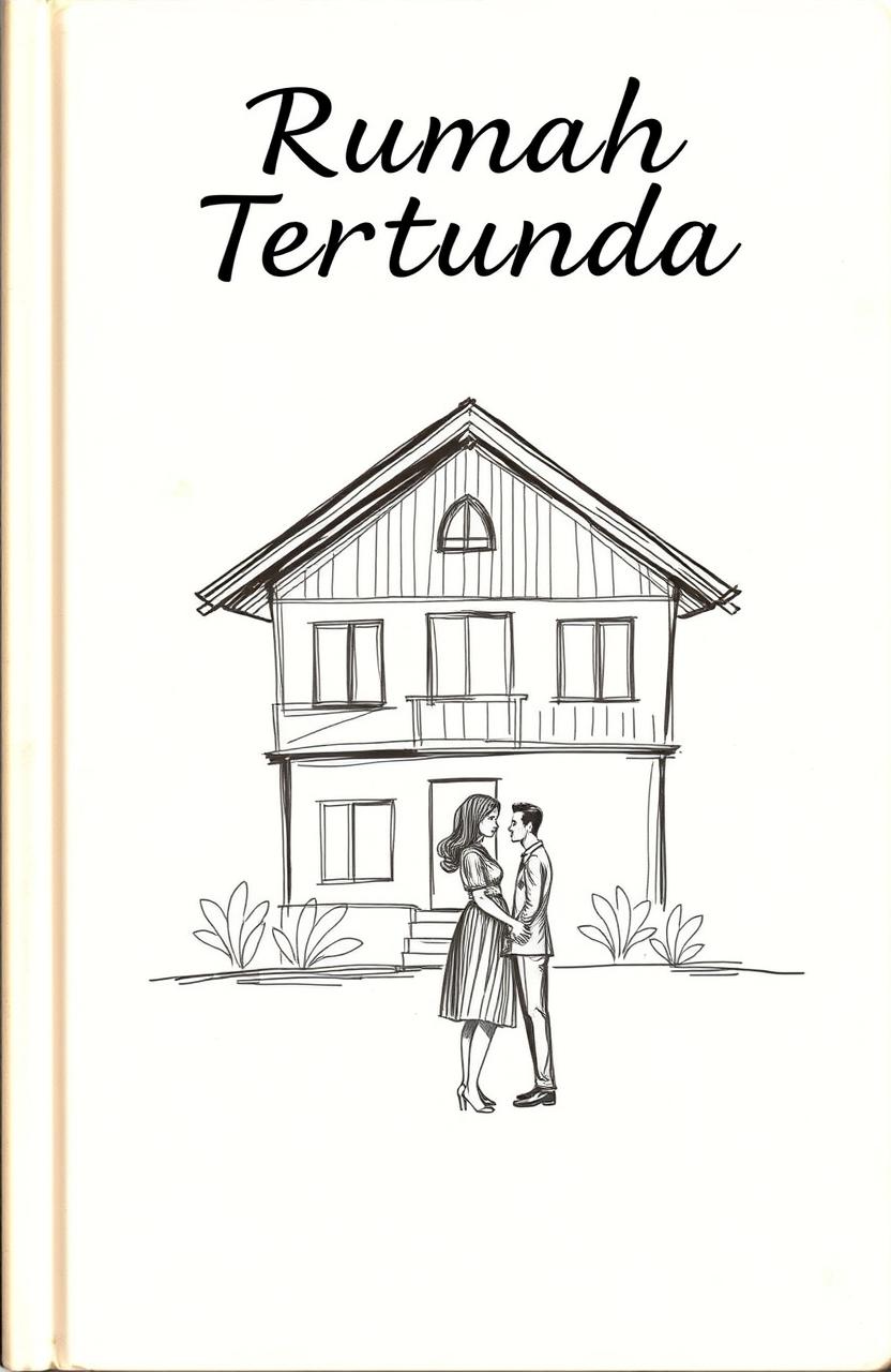A book cover titled "Rumah Tertunda" featuring a hand-drawn sketch design of a house in the center