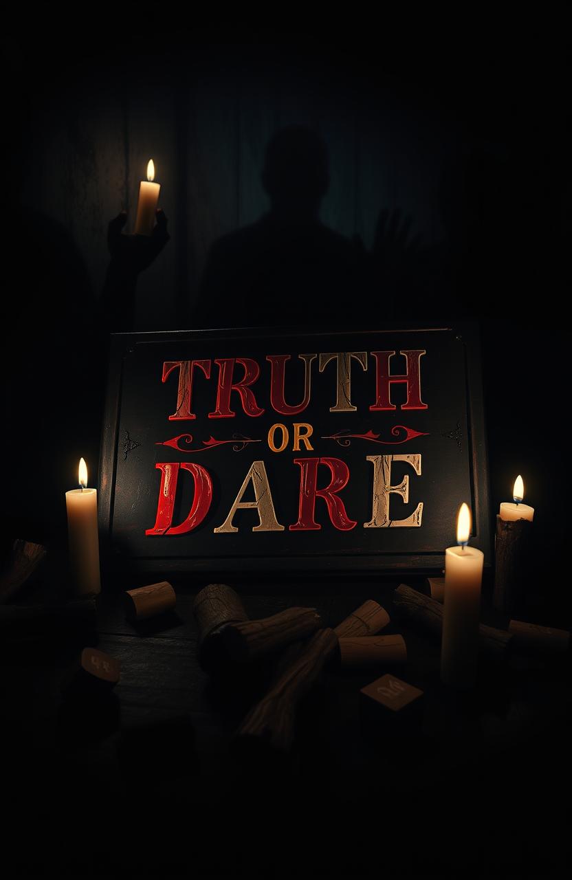 A dark and eerie setting featuring a creepy, old-fashioned game board prominently displaying the words 'Truth or Dare' in bold, sinister letters