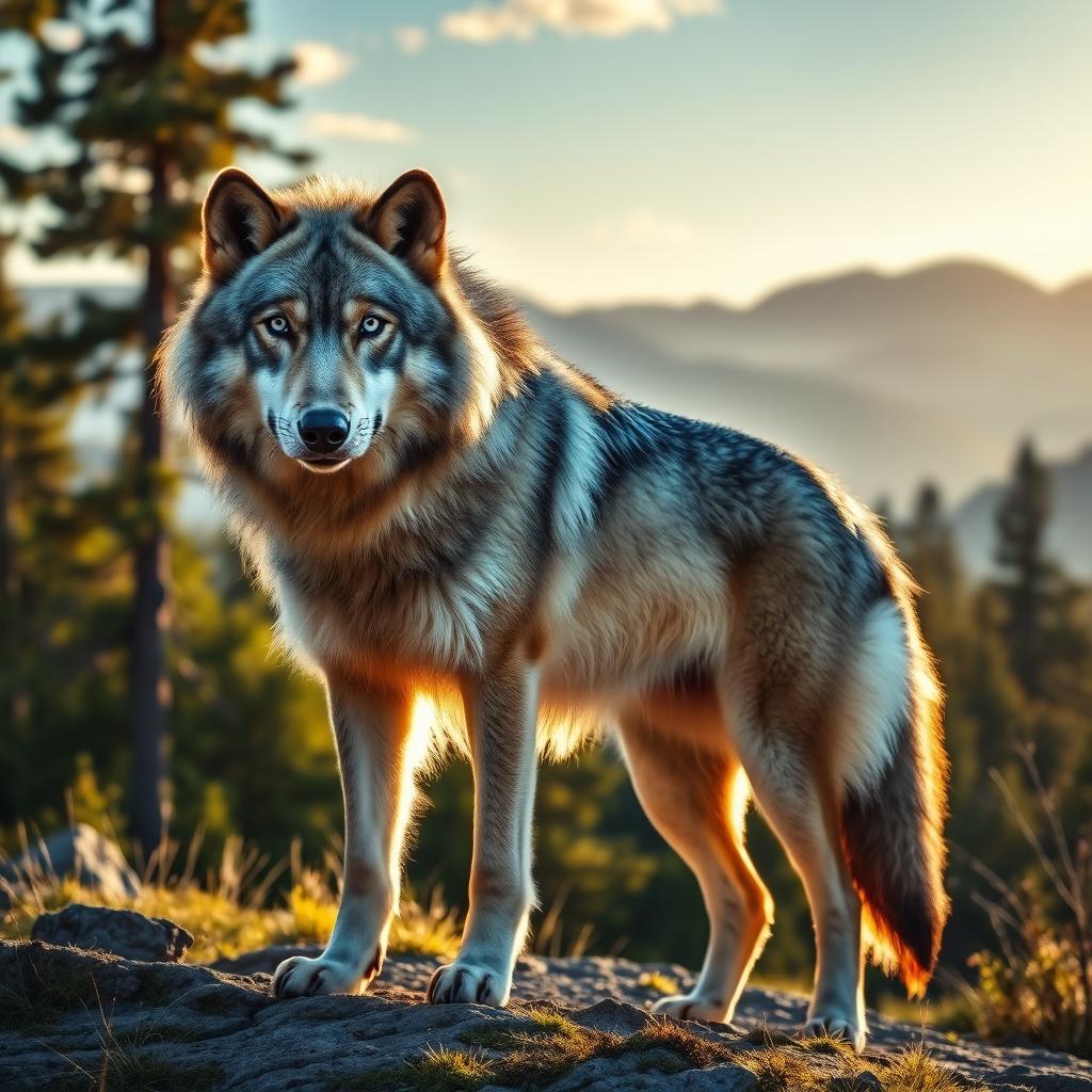 A captivating and majestic wolf standing proudly in a stunning natural landscape, showcasing its strong and powerful presence