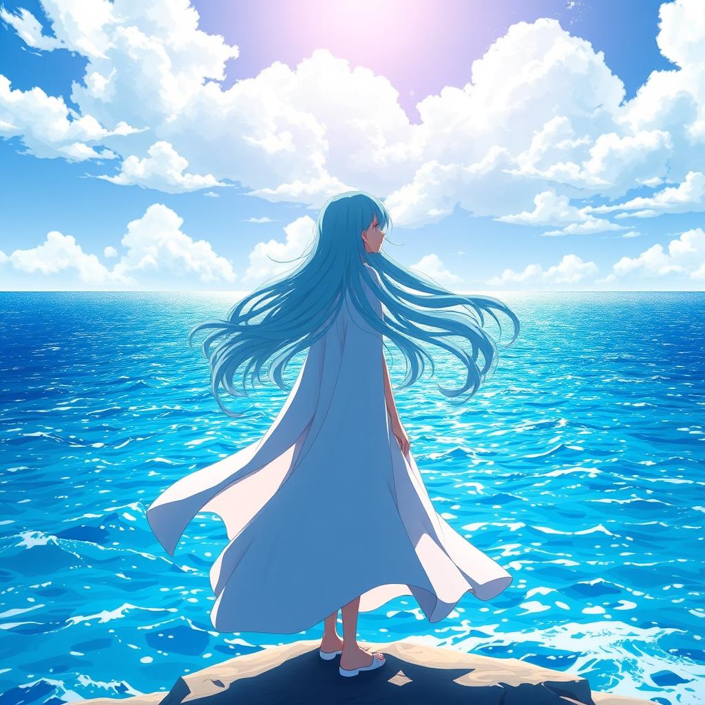 An anime heroine standing gracefully at the edge of a vast, sparkling ocean, gazing thoughtfully into the endless blue waters