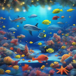 An underwater Christmas scene featuring marine life, with sea creatures participating in the holiday cheer, and decorations lighting up the ocean floor.