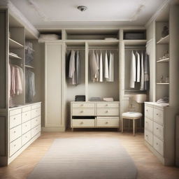 Interior design of a 10x12 foot room, furnished with a worn-out wardrobe and dressing area.