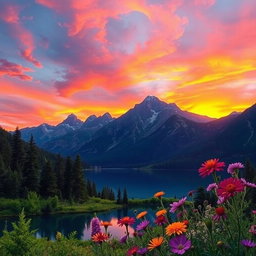 An awe-inspiring landscape illustrating a sunset over majestic mountains, with vibrant orange, pink, and purple hues illuminating the sky
