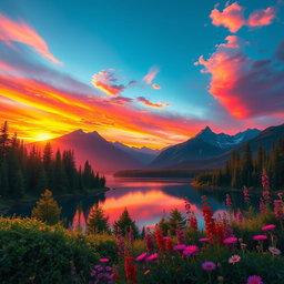 An awe-inspiring landscape illustrating a sunset over majestic mountains, with vibrant orange, pink, and purple hues illuminating the sky