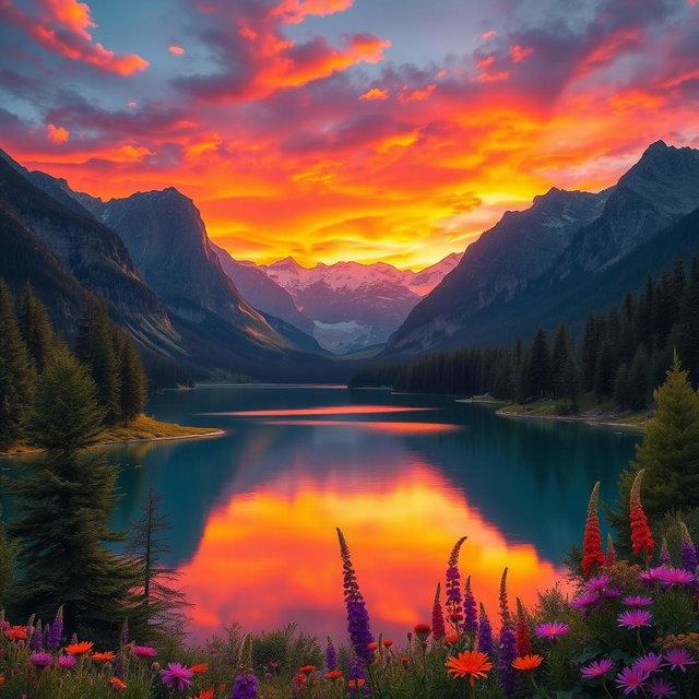 An awe-inspiring landscape illustrating a sunset over majestic mountains, with vibrant orange, pink, and purple hues illuminating the sky